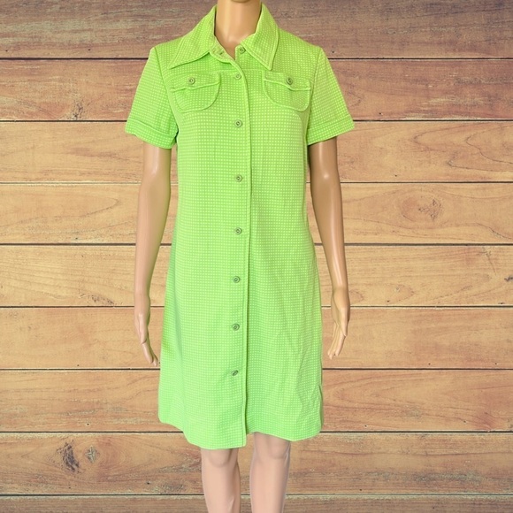 𝅺vintage mod dress 60s neon green 70’s Polyester Checkered Dress Union Made - Picture 1 of 12